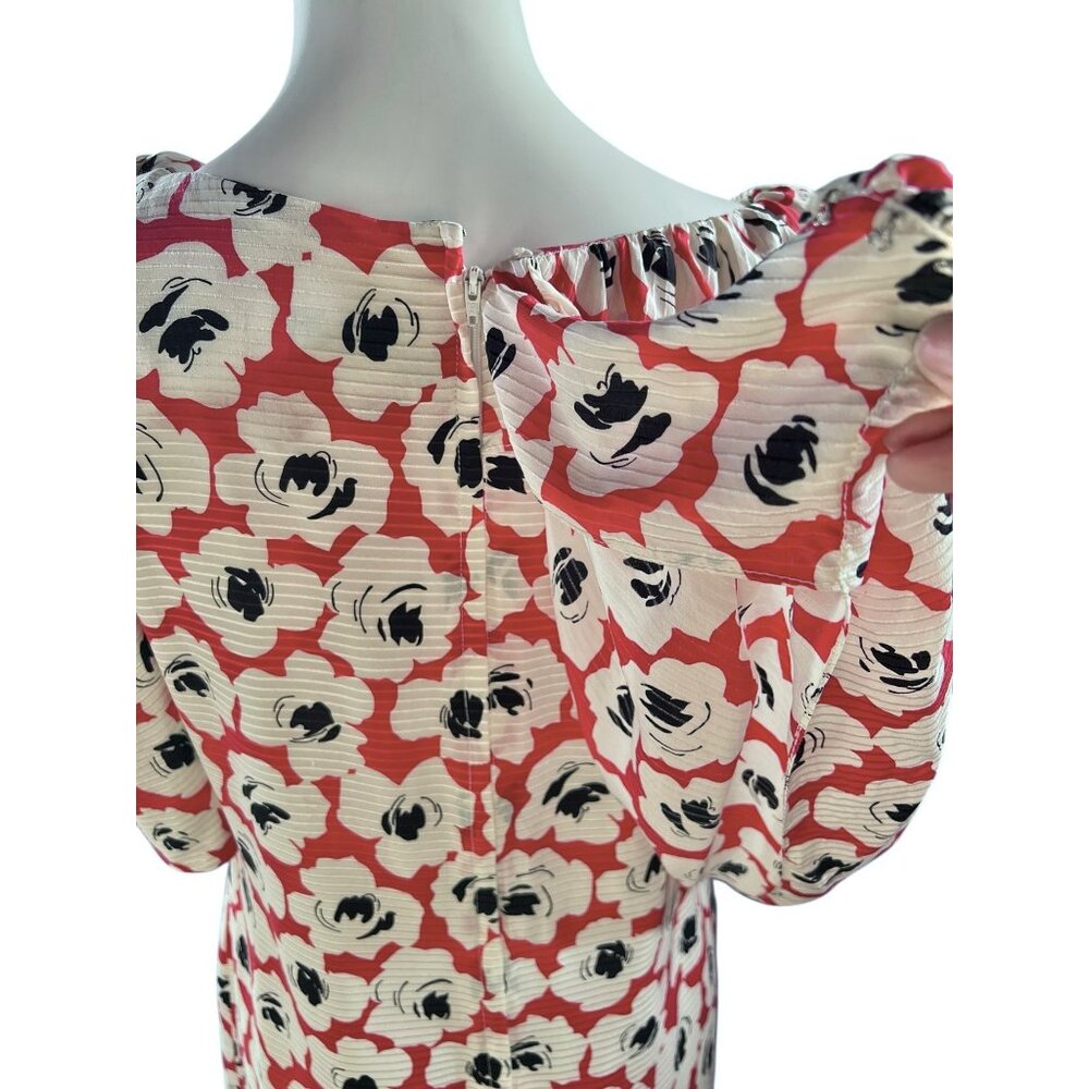 Digna Yero Sakowitz Womens Dress Size 10 Red Blk Wht Puff Sleeves & Draped Yoke - Picture 15 of 16